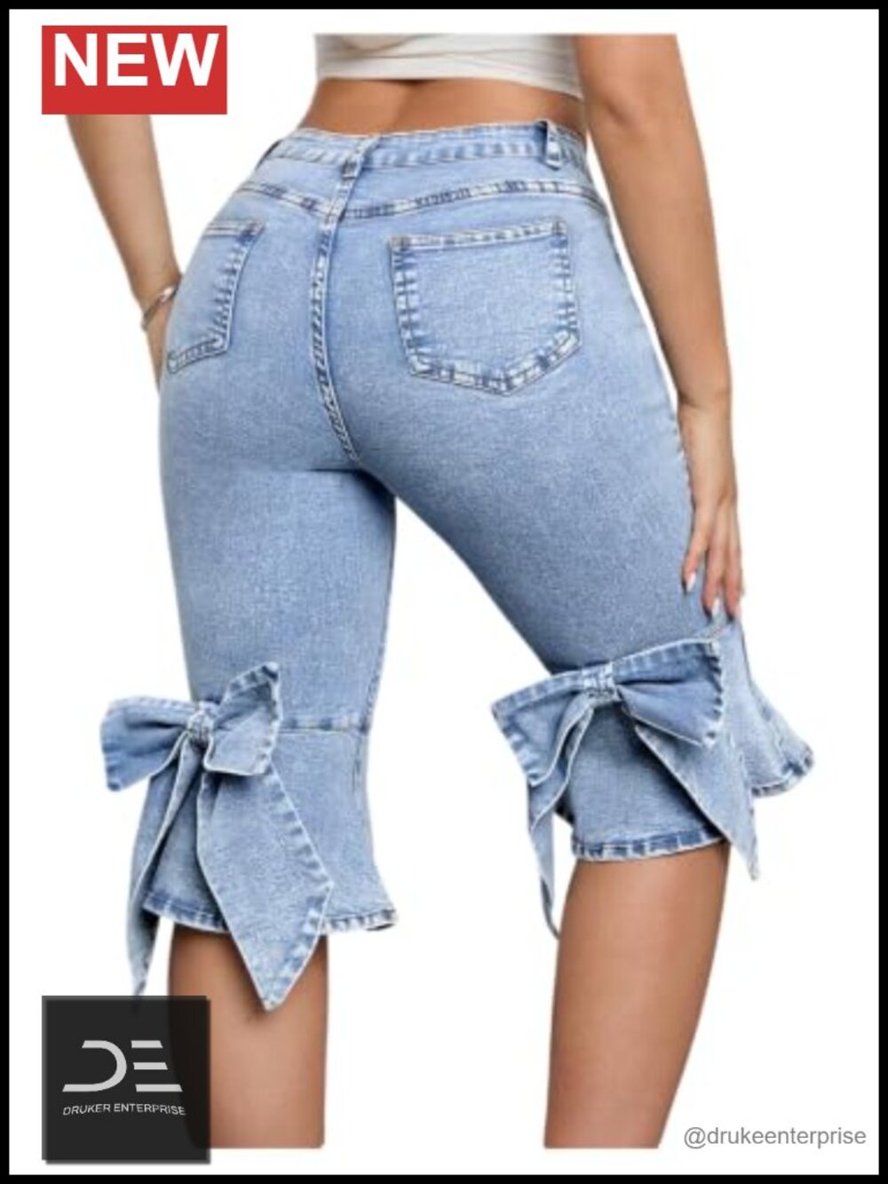 High Waisted Flare Capri Denim Jeans with Bow Knot Back Ruffle Hem Stretch